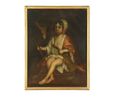 Portrait of a young boy, full-length, seated, on a cushion, holding a violin and bow, in a rocky landscape oil on canvas86 x 