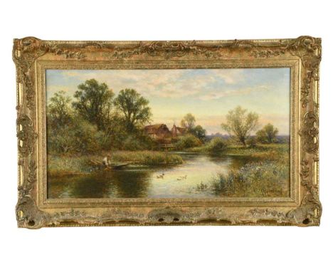 A fisherman gathering eel traps on the Thames, possibly Marlowsigned 'A. A. Glendening' (lower right)oil on canvas39.5 x 74.5