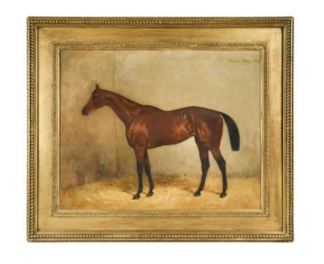 Portrait of a bay horse in a stablesigned and dated 'Julius von Blaas. 1895' (upper right)oil on canvas61.5 x 77.5cmCondition