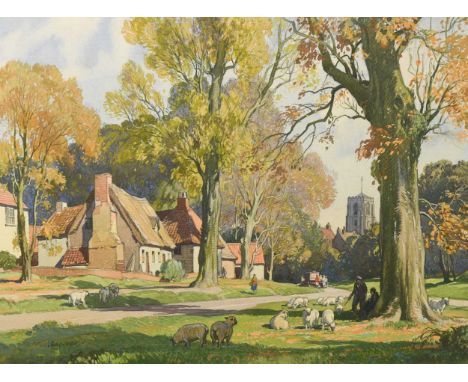 Sheep grazing on a village green, with a church in the distance, possibly East Anglia signed 'L. R. Squirrell' (lower left)wa