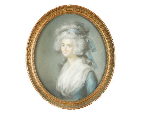 Portrait of Charlotte, Princess Royal (1766-1828) in a powder blue dress and lace fichu, powdered hair with blue ribbonpastel