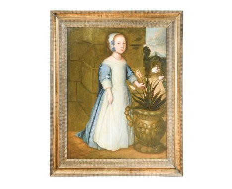 Portrait of a young girl, full-length, wearing a blue cloak and a pearl necklace holding tulips sprouting from a garden urn o