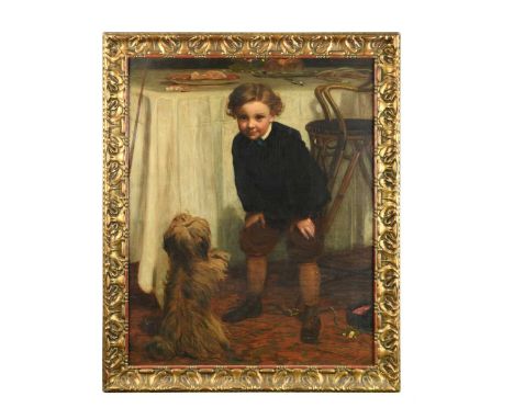 Portrait of Cosmo Bevan (1863-1935), full-length, playing with his Pekingese dogoil on canvas105 x 85cmProvenance:By descent 