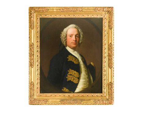 Portrait of a gentleman, wearing a blue coat with gold embroidery facings and a white waistcoat, in a feigned ovalsigned 'A. 