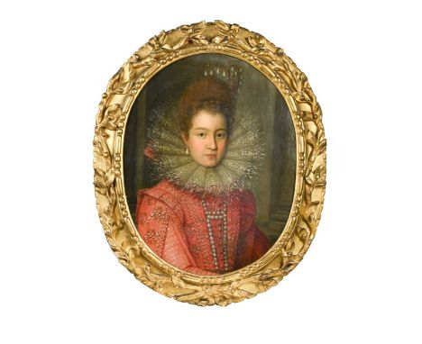 Portrait of a noblewoman, bust-length, in pink, decorated with pearls, wearing an elaborate ruff and a magnificent aigrette o