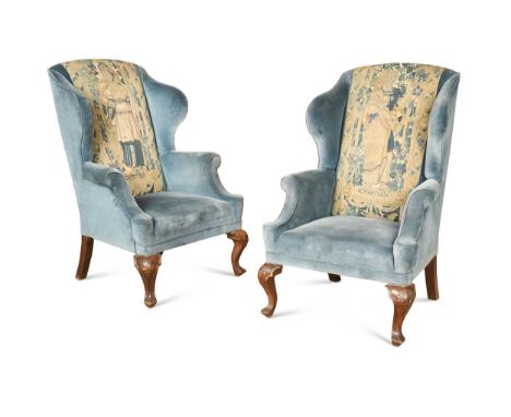 upholstered in blue velvet with 18th century wool work tapestry panels to the backs, on carved cabriole legs,117 x 75 x 80cmC