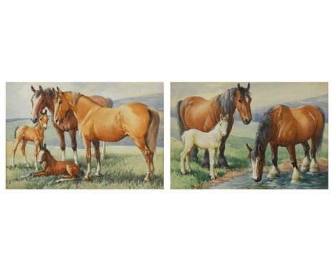 Horses with foalswatercolours on paper 24.5 x 36cm, a pairProvenance: Acquired by Harry Bass, the art director of Tower Press