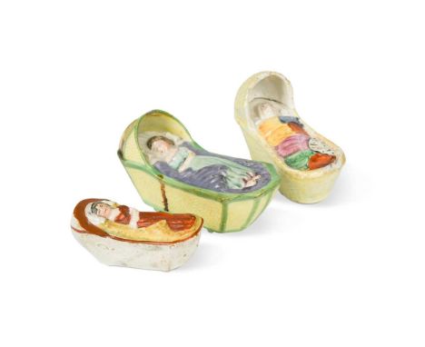 each with a sleeping child, one - 8cm long, two - 11.5cm longCondition report: Nicks to rim and enamel loss