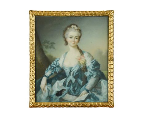 Portrait of a lady, in a blue dress with pearls and flowers in her hairsigned 'A. Lemotte' (above the sitter's right hand)pas