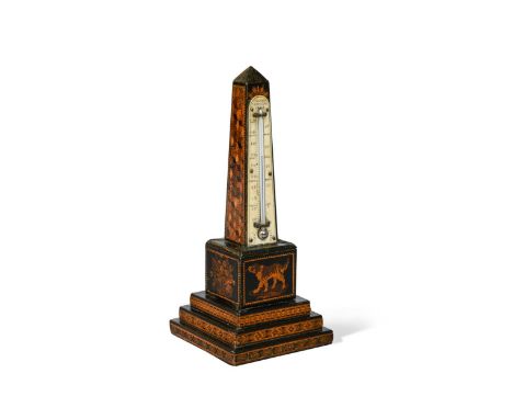 in the form of an obelisk, the thermometer marked for 'Hollamby Tunbridge Wells', the front parquetry panel depicting a dog f