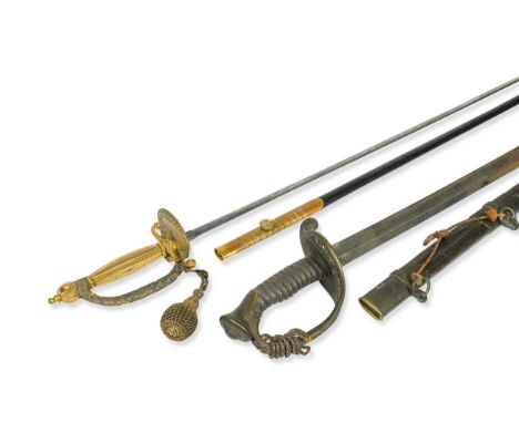 with etched blade stamped P.D.L in leather and brass scabbard, 91cm length, with a late 19th or early 20th century court swor