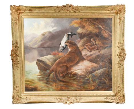 An otter catching salmon with its pupssigned 'R Cleminson' (lower left)oil on canvas69.5 x 83.5cm Condition report: 92 x 106 