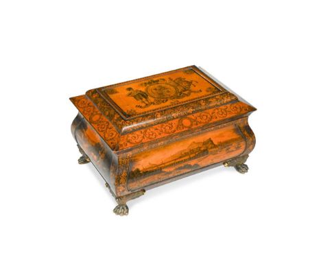 of bombé form, the hinged cover decorated with the Prince of Wales and his coat of arms, raised on gilt metal claw feet,15 x 