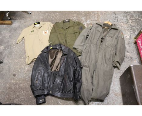 FOUR ITEMS OF VINTAGE MILITARY AND OTHER CLOTHING TO INCLUDE GERMAN STYLE OVERALLS