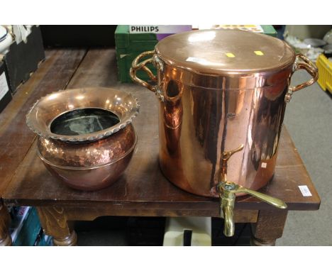 A LARGE COPPER AND BRASS SAMOVAR TOGETHER WITH A PLANTER 