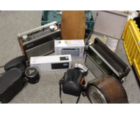 A COLLECTION OF VINTAGE PORTABLE RADIOS , CAMERAS, CLOCKS, ETC 