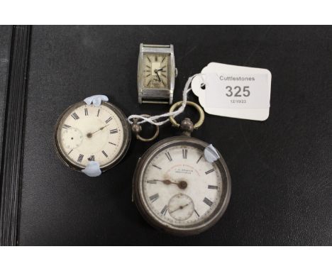 A CHESTER HALLMARKED SILVER EXPRESS ENGINE LEVER OPEN FACED, MANUAL WIND POCKET WATCH, TOGETHER WITH A SMALLER EXAMPLE AND A 