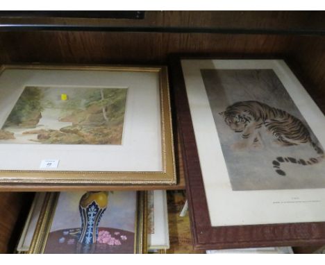 THREE FRAMED PICTURES TO INC A CHINESE TIGER PRINT ETC