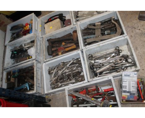 THIRTEEN TRAYS OF TOOLS TO INCLUDE SPANNERS AND SOCKETS ETC 