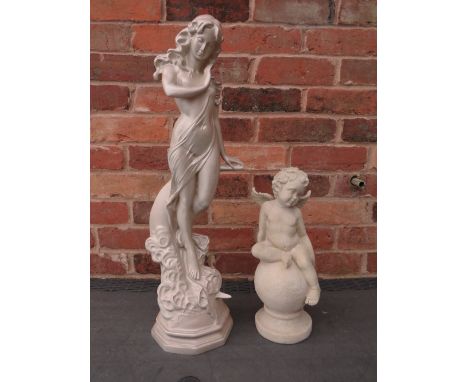 TWO RESIN FIGURES COMPRISING A SILVERED AERT NOUVEAU STYLE STANDING FEMALE - H 67 cm AND A WINGED CHERUB ON GLOBE - H 39 cm