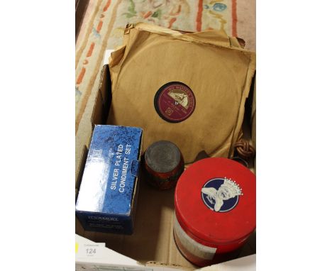 COLLECTION OF 78 RECORDS, VINTAGE COW &amp; GATE TIN, BOXED SILVER PLATED CONDIMENT SET, WOODEN TREEN MONK CARVING AND AN EAS