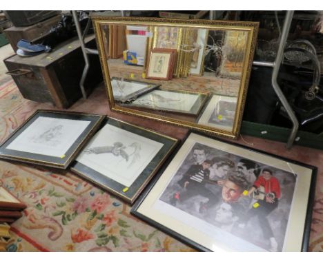 A FRAMED MODERN ETCHED MIRROR, ELVIS PRINT ETC (4)