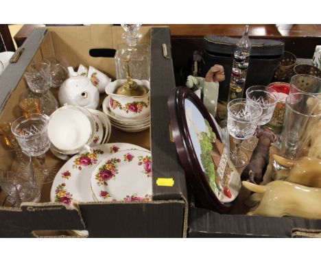 TWO TRAYS OF CERAMICS AND GLASS TOGETHER WITH AN ILLUMINATED GLOBE 