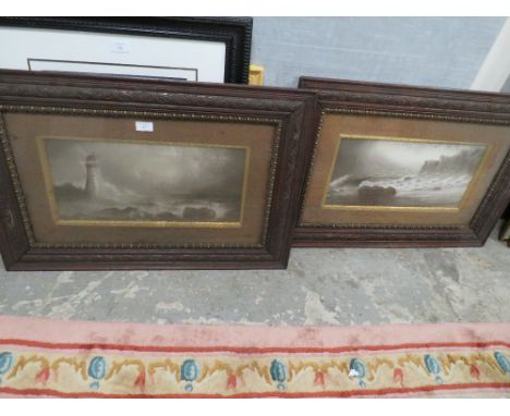 A PAIR OF VICTORIAN OAK FRAMED BLACK AND WHITE SEASCAPE PRINTS