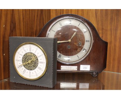 A VINTAGE MAHOGANY MANTLE CLOCK TOGETHER WITH CLOCK SET IN SLATE (2)