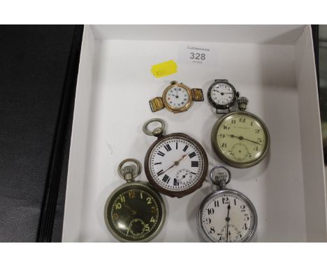 AN ASSORTMENT OF FOUR VINTAGE POCKET WATCHES TO INCLUDE MILITARY STYLE EXAMPLES TOGETHER WITH TWO LADIES WRISTWATCHES A/F (6)