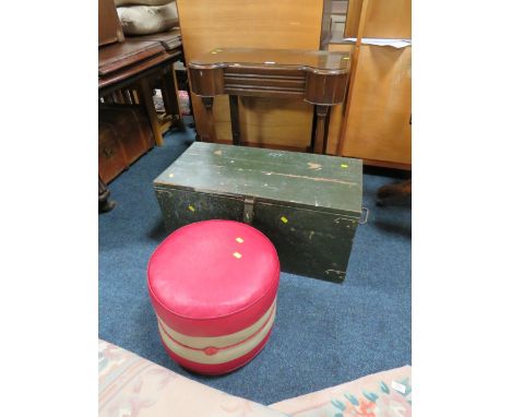 AN OAK SIDE TABLE, VINTAGE TOOL BOX AND A STOOL (3)