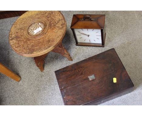 A VINTAGE SMITHS MANTLE CLOCK TOGETHER WITH A WOODEN WORK BOX AND A CONTINENTAL WOODEN PLANT STAND(3)