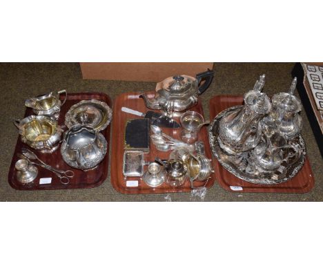 A group of assorted silver plate and silver including: a silver cream jug; teaspoons and a silver-mounted glass dressing tabl