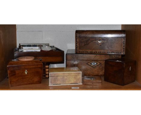 A Victorian mahogany writing slope; Victorian jewellery box; a 19th century desk stand; a Regency rosewood tea caddy: an earl