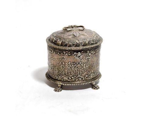 A Dutch or German silver tea caddy, with English import marks for Boaz Moses Landeck, Chester, 1908, oval and on four paw fee