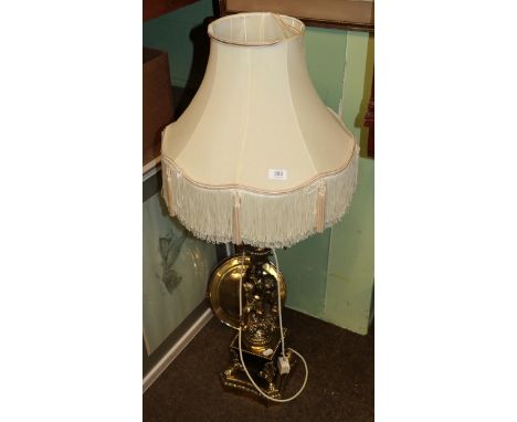 Gilt brass figural five-light candelabra; together with a brass bed warming pan; and two prints 