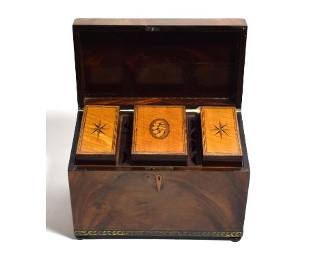 George III mahogany tea caddy with three inlaid compartments, 25cm wide 
