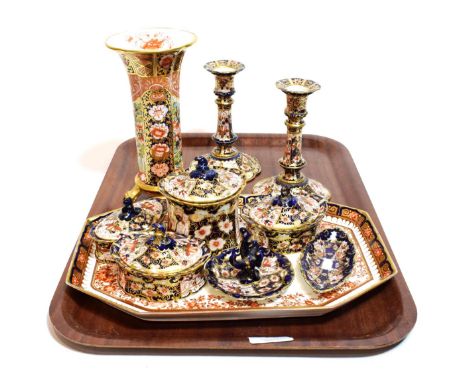 Spode Imari decorated vase, Wedgwood trinket tray, pair of Royal Crown Derby candlesticks, and six pieces of Royal Crown Derb