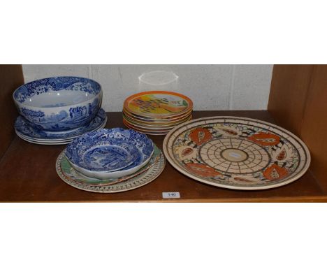 A Crown Ducal charger, designed by Charlotte Rhead; six Wedgwood Clarice Cliff plates; Spode Italian pattern etc 