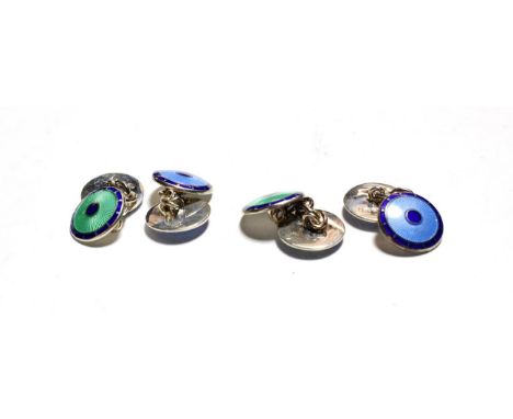 Two pairs of silver and enamel cufflinks, by Philip Kydd, Birmingham, 2011, both pairs circular, one centrally enamelled in l