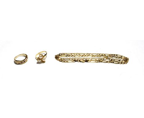 A 9 carat gold figaro link necklace, length 51.5cm; a cultured pearl cluster ring, stamped '18K', finger size O; a ruby and d
