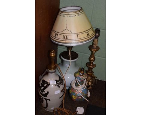 A group of modern table lamps including a pair of Laura Ashley metal column lamps, a gilt metal candle style lamp, a studio p