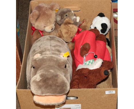 A collection of modern Steiff soft toys including hippo; smaller version; four teddies; squirrel; panda; beaver; together wit