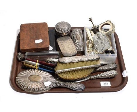 A collection of assorted silver, including a part dressing table service, two cased sets of spoons, condiment items and other