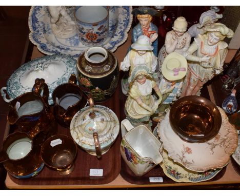 A collection of ceramics including bisque figures, Sunderland lustre wares etc (two trays)
