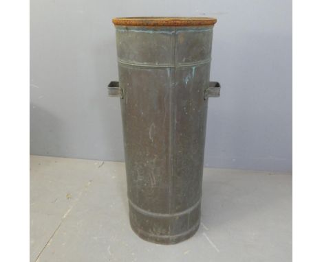 A cylindrical two-handled copper planter. Diameter 33cm, height 82cm.