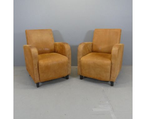 A pair of Art Deco style leather upholstered club armchairs.These appear of relatively modern construction. Good condition wi