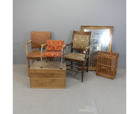 A Japanese Tansu chest of two drawer, a French oak and faux-leather upholstered bridge chair, a Victorian mahogany and uphols