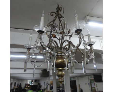 A 1930s Art Deco six-branch Chandelier, with coloured glass floral and meal leaf decoration and cut glass drops. Overall 60cm