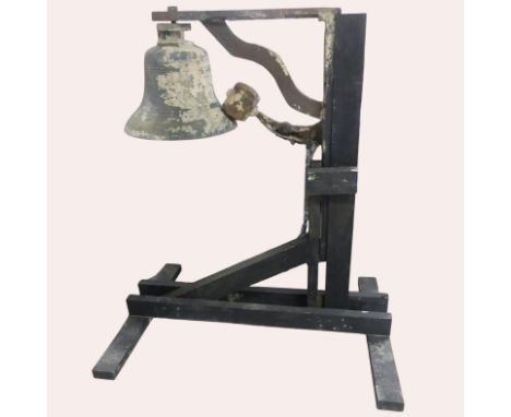 A large and impressive bronze bell on frame, with striking hammer. Overall frame dimensions, width 123cm, height 137cm, depth